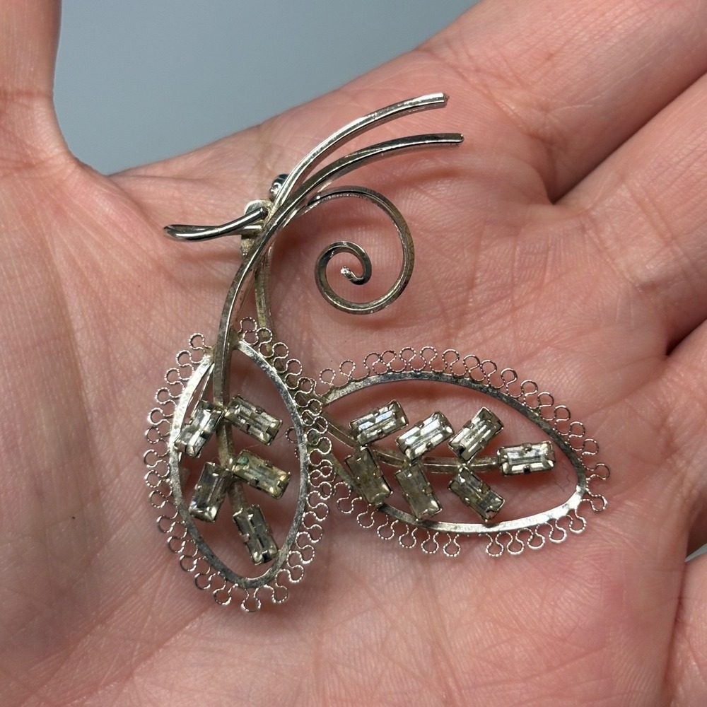 Star-Art Sterling Silver Baguette Rhinestone Leaf Spray Brooch Pin Vintage